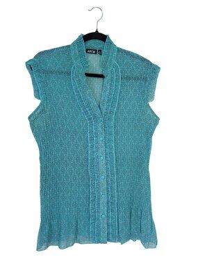 APT. 9 Womens XL Sleeveless Floral Ruffle Button-Down Blouse Sheer Teal Blue
